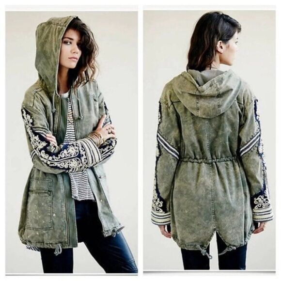 FREE PEOPLE Golden Quills Military Parka Jacket Coat Green Rhinestones M RARE - Picture 13 of 16